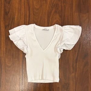 Zara White V-Neck Ruffle Sleeve Blouse